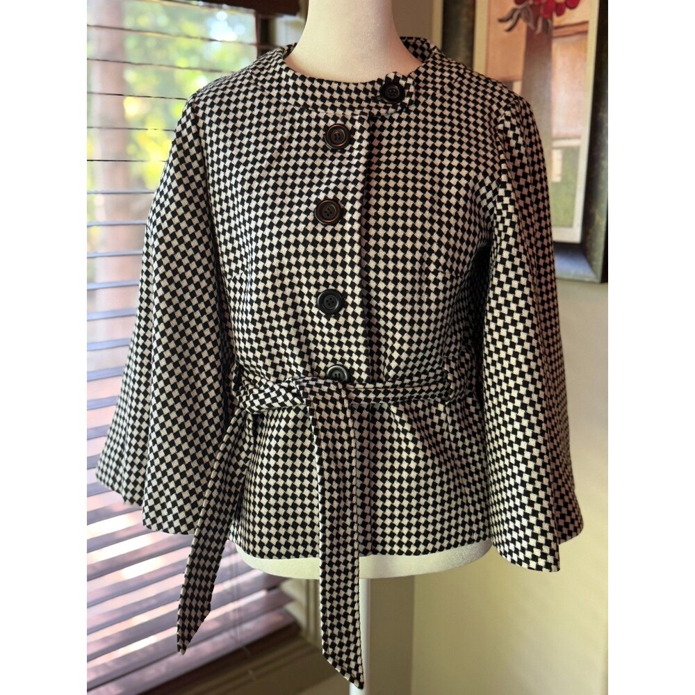 LOFT Style Gingham Batwing Jacket Black White Check Belted Bell Sleeve Crop M/L